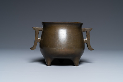 A Chinese silver-inlaid bronze censer, Xuande mark, Qianlong