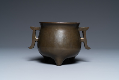 A Chinese silver-inlaid bronze censer, Xuande mark, Qianlong