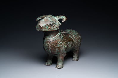 A Chinese ram-shaped silver-inlaid bronze 'xizun' vessel, Ming