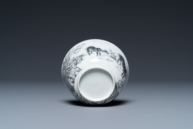 A Chinese grisaille cup and saucer with buffaloes, Yongzheng