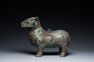 A Chinese ram-shaped silver-inlaid bronze 'xizun' vessel, Ming