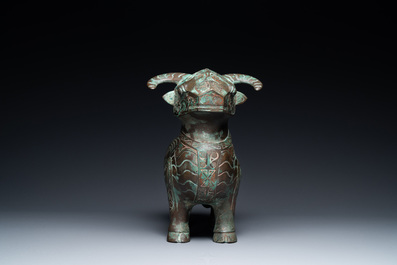 A Chinese ram-shaped silver-inlaid bronze 'xizun' vessel, Ming