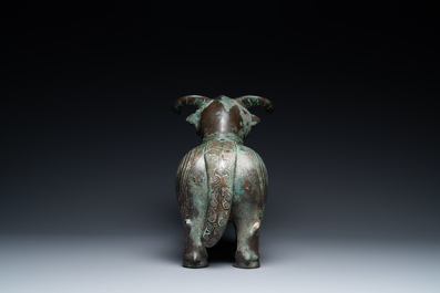 A Chinese ram-shaped silver-inlaid bronze 'xizun' vessel, Ming