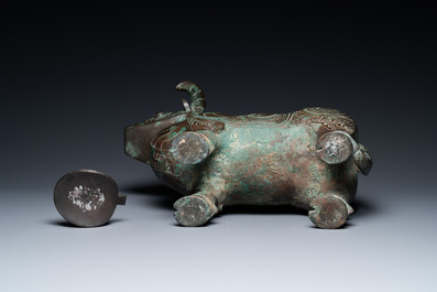 A Chinese ram-shaped silver-inlaid bronze 'xizun' vessel, Ming