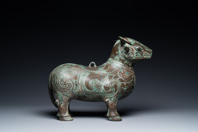 A Chinese ram-shaped silver-inlaid bronze 'xizun' vessel, Ming