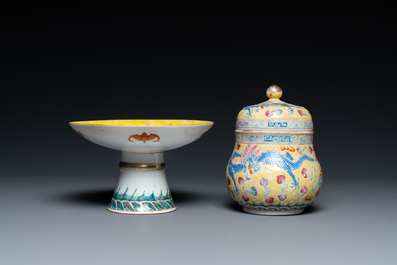 A Chinese yellow-ground 'dragon' tazza, a covered bowl and a wine cup, 19/20th C.