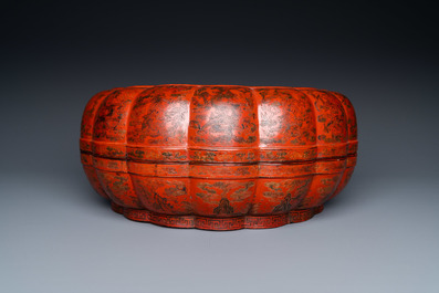 A large Chinese qiangjin and tianqi polychrome lacquer lobed 'dragon' box and cover, Kangxi/Qianlong