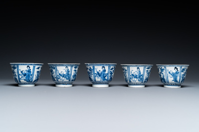 Six Chinese blue and white saucers and five cups, Qi Yu Tang Zhi mark, Kangxi