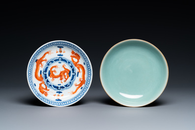 A Chinese famille rose bowl and cover, a 'dragon' plate and a celadon plate, 19th C.