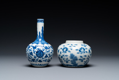 A Chinese blue and white 'soft paste' Ming-style bottle vase and a water pot, Qianlong and 19th C.