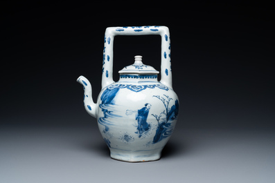 A large Chinese blue and white hexagonal teapot and cover, Transitional period