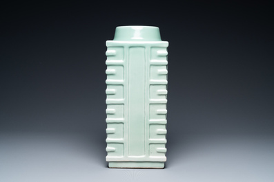 A Chinese monochrome celadon 'cong' vase with trigrams, Qianlong mark, Republic