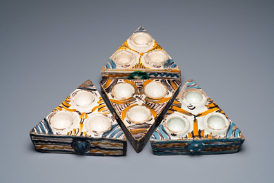 Four Spanish polychrome triangular spice boxes, Talavera, 18th C.