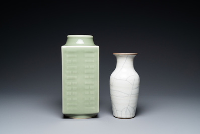 A Chinese celadon 'cong' vase with trigrams and a crackle-glazed vase, 19/20th C.