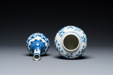 A Chinese blue and white 'soft paste' Ming-style bottle vase and a water pot, Qianlong and 19th C.