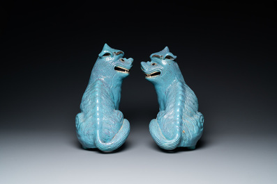 A pair of large Chinese robin's egg-glazed qilins, 19th C.