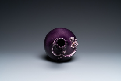 A Chinese monochrome aubergine-glazed bottle vase with gilt bronze mounts, Qianlong mark, 19/20th C.