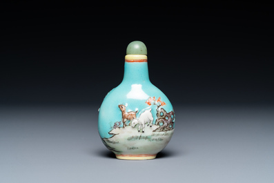 A Chinese relief-molded snuff bottle depicting goats, Yang He Tang mark, 19/20th C.