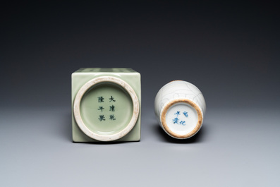 A Chinese celadon 'cong' vase with trigrams and a crackle-glazed vase, 19/20th C.