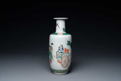 A Chinese famille verte rouleau vase with narrative design, Kangxi