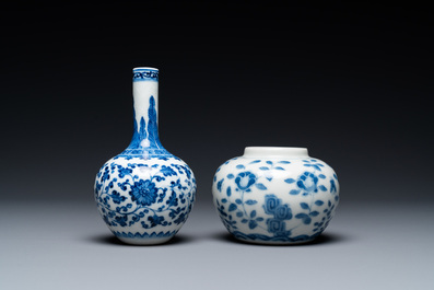 A Chinese blue and white 'soft paste' Ming-style bottle vase and a water pot, Qianlong and 19th C.