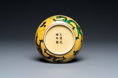 Een paar Chinese blauw-witte en ijzerrode koppen en een drakenbordje met gele fondkleur, Guangxu merk en periode