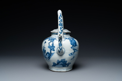 A large Chinese blue and white hexagonal teapot and cover, Transitional period