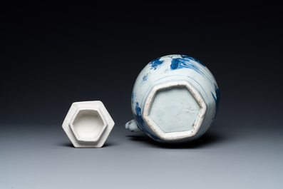 A large Chinese blue and white hexagonal teapot and cover, Transitional period