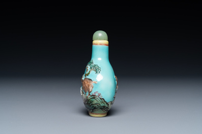 A Chinese relief-molded snuff bottle depicting goats, Yang He Tang mark, 19/20th C.