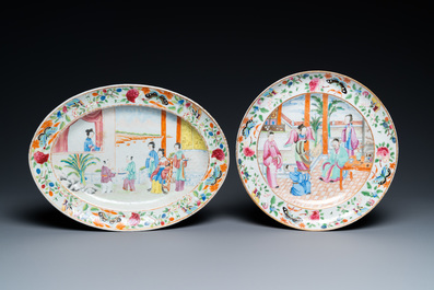 A fine oval Chinese Canton famille rose dish and a round dish, 19th C.