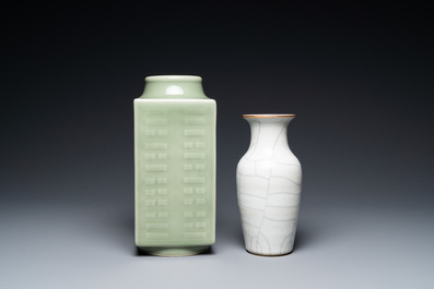 A Chinese celadon 'cong' vase with trigrams and a crackle-glazed vase, 19/20th C.