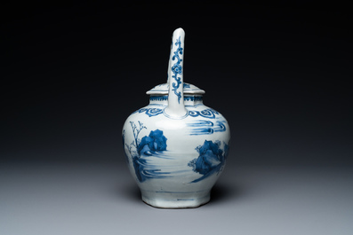 A large Chinese blue and white hexagonal teapot and cover, Transitional period