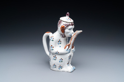 A rare Brussels faience monkey-shaped ewer and cover, 18th C.