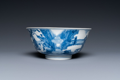 A Chinese blue and white 'battle scene' bowl, Chenghua mark, Kangxi
