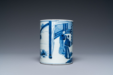 A Chinese blue and white brush pot, Kangxi
