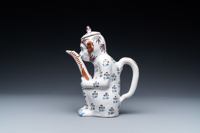 A rare Brussels faience monkey-shaped ewer and cover, 18th C.
