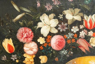Andries Daniels (c. 1580-1640), toegeschreven aan: 'De bruiloft van Jozef en Maria' in een ovaal medaillon met bloemenkrans, olie op doek