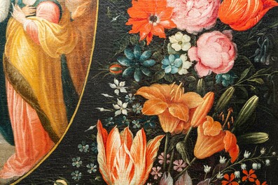 Andries Daniels (c. 1580-1640), toegeschreven aan: 'De bruiloft van Jozef en Maria' in een ovaal medaillon met bloemenkrans, olie op doek