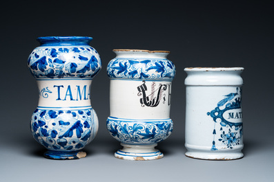 Two Italian and one Dutch Delft blue and white pharmacy jars, 17/18th C.