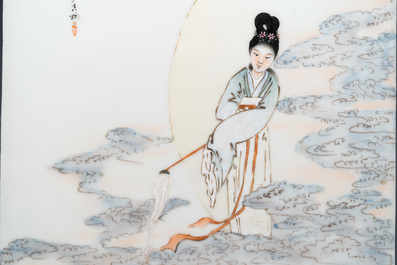 A Chinese fencai plaque with Chang'e, signed Xia Long Jiao and dated March 1943