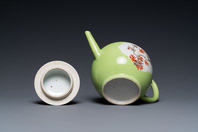 A Chinese iron red and grisaille lime green-ground teapot and cover, Qianlong