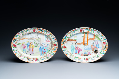 Trois plats ovales en porcelaine de Chine famille rose de Canton, 19&egrave;me