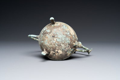 A Vietnamese bronze oil lamp with complete suspension chain, Dong Son, ca. 3rd/1st C. BC
