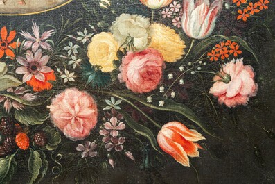 Andries Daniels (c. 1580-1640), attribu&eacute; &agrave;: 'Le mariage de Marie et Joseph' dans un m&eacute;daillon ovale entour&eacute; d'une guirlande florale, huile sur toile