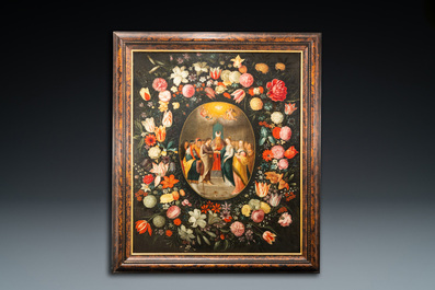 Andries Daniels (c. 1580-1640), attributed to: 'The wedding of Mary and Joseph' in an oval medallion with a floral garland, oil on canvas