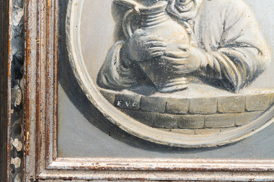 Une plaque de forme ovale en fa&iuml;ence polychrome de Bruxelles et un tableau correspondant en grisaille &agrave; d&eacute;cor d'un homme au pichet, d&eacute;but 19&egrave;me