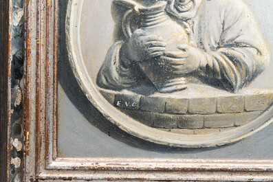 A polychrome Brussels faience oval molded plaque and a matching grisaille painting on copper of a man with a jug, early 19th C.