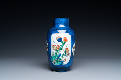 A Chinese famille verte powder blue-ground dish and a vase, Kangxi