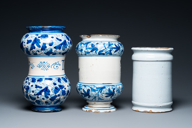 Two Italian and one Dutch Delft blue and white pharmacy jars, 17/18th C.
