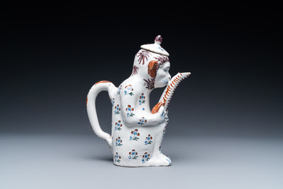 A rare Brussels faience monkey-shaped ewer and cover, 18th C.